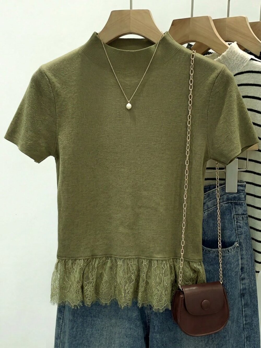 Olive Green Casual Women's Lace Patchwork Knit Top